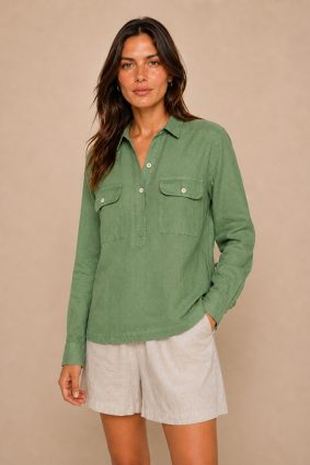 Mos Mosh Enna turf green linen pocket blouse featuring a relaxed silhouette, collared neckline, and statement flap pockets