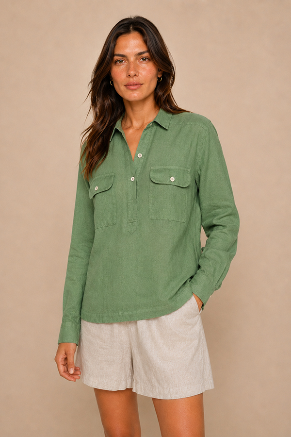 Mos Mosh Enna turf green linen pocket blouse featuring a relaxed silhouette, collared neckline, and statement flap pockets
