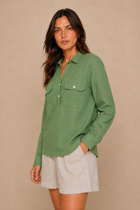 Mos Mosh Enna turf green linen pocket blouse featuring a relaxed silhouette, collared neckline, and statement flap pockets