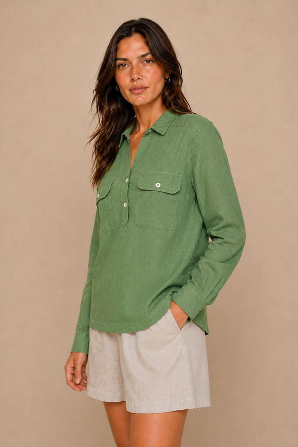 Mos Mosh Enna turf green linen pocket blouse featuring a relaxed silhouette, collared neckline, and statement flap pockets