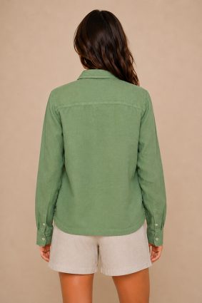 Mos Mosh Enna turf green linen pocket blouse featuring a relaxed silhouette, collared neckline, and statement flap pockets