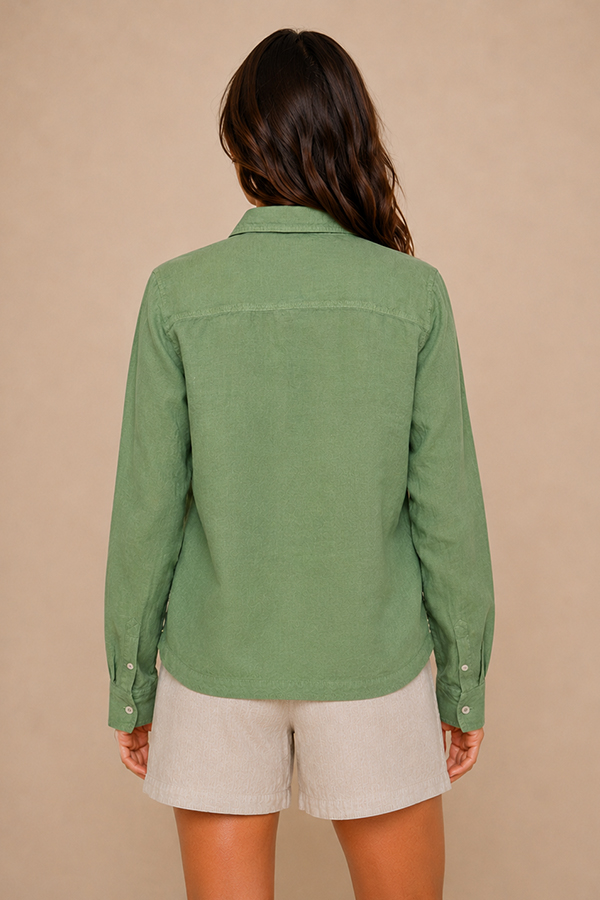 Mos Mosh Enna turf green linen pocket blouse featuring a relaxed silhouette, collared neckline, and statement flap pockets