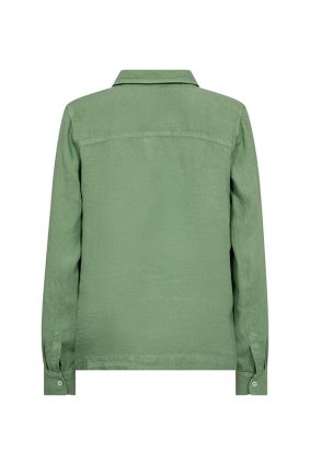 Mos Mosh Enna turf green linen pocket blouse featuring a relaxed silhouette, collared neckline, and statement flap pockets