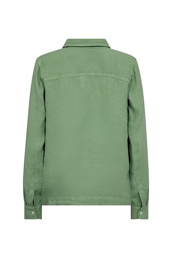 Mos Mosh Enna turf green linen pocket blouse featuring a relaxed silhouette, collared neckline, and statement flap pockets