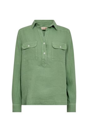 Mos Mosh Enna turf green linen pocket blouse featuring a relaxed silhouette, collared neckline, and statement flap pockets