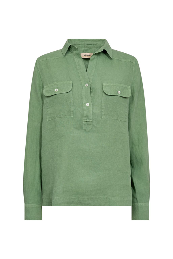 Mos Mosh Enna turf green linen pocket blouse featuring a relaxed silhouette, collared neckline, and statement flap pockets