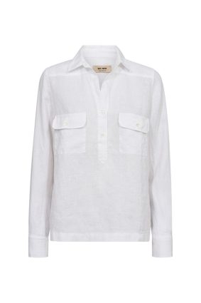 Mos Mosh Enna crisp white linen pocket blouse featuring a relaxed silhouette, collared neckline, and statement flap pockets