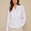 Mos Mosh Enna crisp white linen pocket blouse featuring a relaxed silhouette, collared neckline, and statement flap pockets