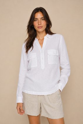 Mos Mosh Enna crisp white linen pocket blouse featuring a relaxed silhouette, collared neckline, and statement flap pockets