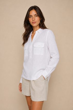 Mos Mosh Enna crisp white linen pocket blouse featuring a relaxed silhouette, collared neckline, and statement flap pockets