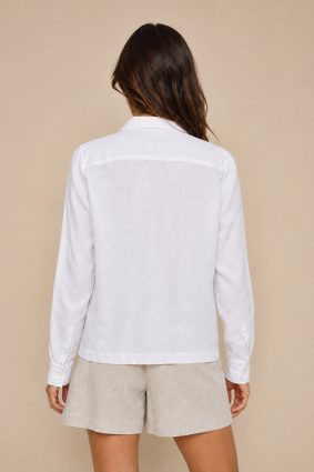 Mos Mosh Enna crisp white linen pocket blouse featuring a relaxed silhouette, collared neckline, and statement flap pockets