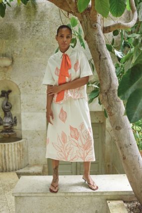 Mos Mosh Tessan organic cotton ecru monochrome skirt featuring an elegant floral print and comfortable elasticated waistband