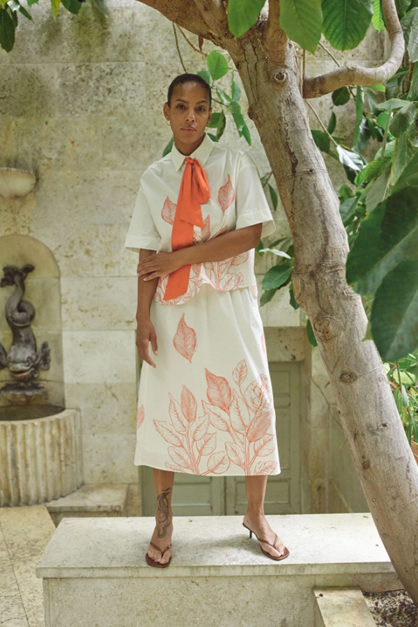 Mos Mosh Tessan organic cotton ecru monochrome skirt featuring an elegant floral print and comfortable elasticated waistband