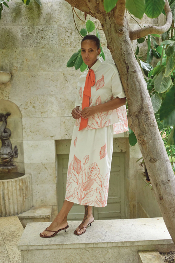 Mos Mosh Tessan organic cotton ecru monochrome skirt featuring an elegant floral print and comfortable elasticated waistband