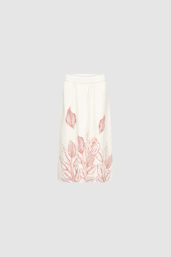 Mos Mosh Tessan organic cotton ecru monochrome skirt featuring an elegant floral print and comfortable elasticated waistband