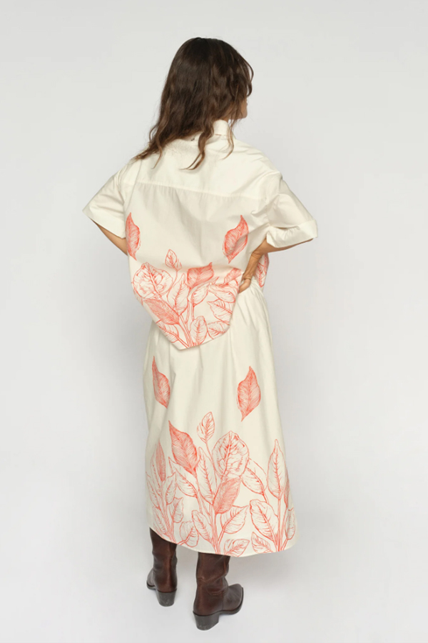 Mos Mosh Tessan organic cotton ecru monochrome skirt featuring an elegant floral print and comfortable elasticated waistband