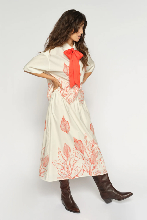 Mos Mosh Tessan organic cotton ecru monochrome skirt featuring an elegant floral print and comfortable elasticated waistband