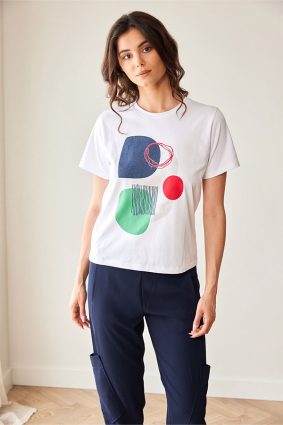 Peruzzi Circle Print T Shirt White featuring a colourful abstract navy, green, and red circle print against a white base.