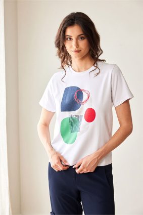 Peruzzi Circle Print T Shirt White featuring a colourful abstract navy, green, and red circle print against a white base.