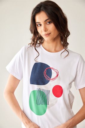 Peruzzi Circle Print T Shirt White featuring a colourful abstract navy, green, and red circle print against a white base.