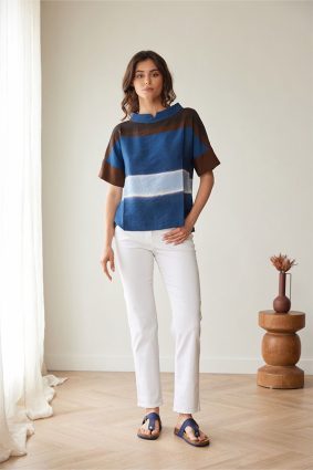 Peruzzi Multi Stripe Top Brown/Rust featuring bold colour blocking in rich blue, brown, and soft neutral tones with short sleeves and a softly structured neckline.
