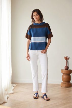 Peruzzi Multi Stripe Top Brown/Rust featuring bold colour blocking in rich blue, brown, and soft neutral tones with short sleeves and a softly structured neckline.