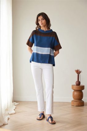 Peruzzi Multi Stripe Top Brown/Rust featuring bold colour blocking in rich blue, brown, and soft neutral tones with short sleeves and a softly structured neckline.