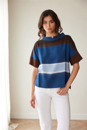 Peruzzi Multi Stripe Top Brown/Rust featuring bold colour blocking in rich blue, brown, and soft neutral tones with short sleeves and a softly structured neckline.