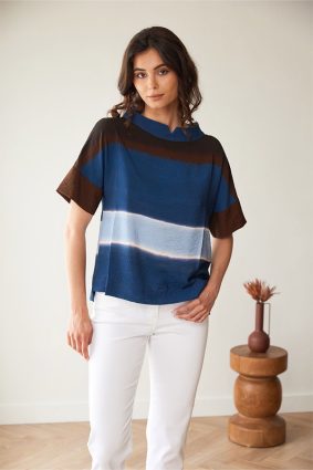 Peruzzi Multi Stripe Top Brown/Rust featuring bold colour blocking in rich blue, brown, and soft neutral tones with short sleeves and a softly structured neckline.