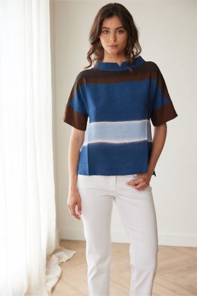 Peruzzi Multi Stripe Top Brown/Rust featuring bold colour blocking in rich blue, brown, and soft neutral tones with short sleeves and a softly structured neckline.