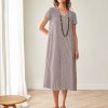Peruzzi Stripe Dress Brn/Ecru featuring a fine brown and ecru stripe pattern with contrasting stripe directions, short sleeves, and a V-neckline in a relaxed midi length.