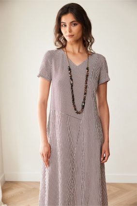 Peruzzi Stripe Dress Brn/Ecru featuring a fine brown and ecru stripe pattern with contrasting stripe directions, short sleeves, and a V-neckline in a relaxed midi length.