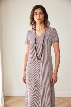 Peruzzi Stripe Dress Brn/Ecru featuring a fine brown and ecru stripe pattern with contrasting stripe directions, short sleeves, and a V-neckline in a relaxed midi length.