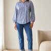 Peruzzi Stripe Shirt Navy/White featuring a crisp navy and white stripe with contrasting stripe direction on the front pocket and cuffs, finished with red button detailing and a relaxed silhouette.