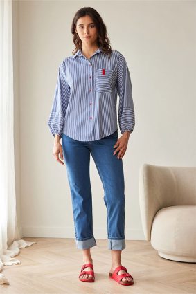 Peruzzi Stripe Shirt Navy/White featuring a crisp navy and white stripe with contrasting stripe direction on the front pocket and cuffs, finished with red button detailing and a relaxed silhouette.