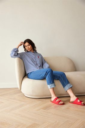 Peruzzi Stripe Shirt Navy/White featuring a crisp navy and white stripe with contrasting stripe direction on the front pocket and cuffs, finished with red button detailing and a relaxed silhouette.