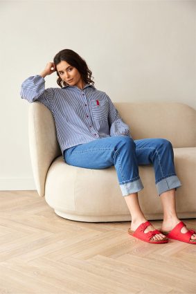 Peruzzi Stripe Shirt Navy/White featuring a crisp navy and white stripe with contrasting stripe direction on the front pocket and cuffs, finished with red button detailing and a relaxed silhouette.