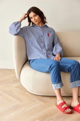 Peruzzi Stripe Shirt Navy/White featuring a crisp navy and white stripe with contrasting stripe direction on the front pocket and cuffs, finished with red button detailing and a relaxed silhouette.