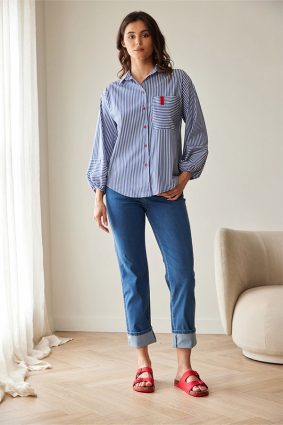Peruzzi Stripe Shirt Navy/White featuring a crisp navy and white stripe with contrasting stripe direction on the front pocket and cuffs, finished with red button detailing and a relaxed silhouette.