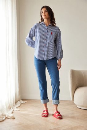 Peruzzi Stripe Shirt Navy/White featuring a crisp navy and white stripe with contrasting stripe direction on the front pocket and cuffs, finished with red button detailing and a relaxed silhouette.Peruzzi Stripe Shirt Navy/White featuring a crisp navy and white stripe with contrasting stripe direction on the front pocket and cuffs, finished with red button detailing and a relaxed silhouette.