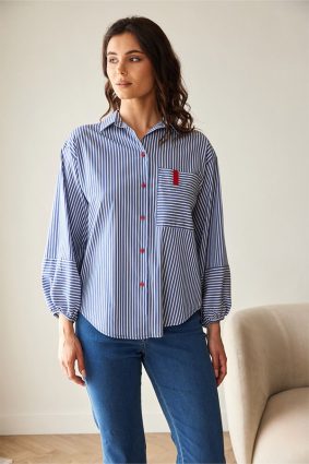 Peruzzi Stripe Shirt Navy/White featuring a crisp navy and white stripe with contrasting stripe direction on the front pocket and cuffs, finished with red button detailing and a relaxed silhouette.