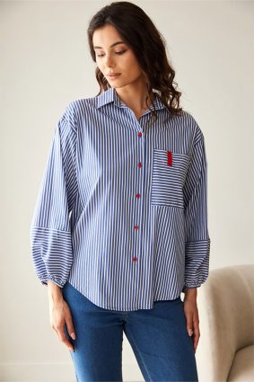 Peruzzi Stripe Shirt Navy/White featuring a crisp navy and white stripe with contrasting stripe direction on the front pocket and cuffs, finished with red button detailing and a relaxed silhouette.
