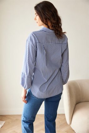Peruzzi Stripe Shirt Navy/White featuring a crisp navy and white stripe with contrasting stripe direction on the front pocket and cuffs, finished with red button detailing and a relaxed silhouette.