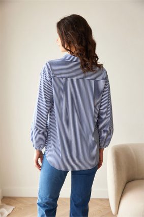 Peruzzi Stripe Shirt Navy/White featuring a crisp navy and white stripe with contrasting stripe direction on the front pocket and cuffs, finished with red button detailing and a relaxed silhouette.