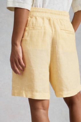 White Stuff Belle Linen Short in Yellow Multi - 100% Linen Drawstring Summer Shorts with Pockets