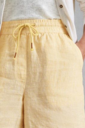 White Stuff Belle Linen Short in Yellow Multi - 100% Linen Drawstring Summer Shorts with Pockets