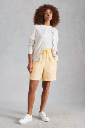 White Stuff Belle Linen Short in Yellow Multi - 100% Linen Drawstring Summer Shorts with Pockets