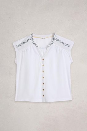 White Stuff Billie Embroidered Button Shirt in Brilliant White