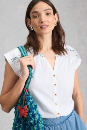 White Stuff Billie Embroidered Button Shirt in Brilliant White