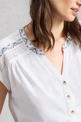 White Stuff Billie Embroidered Button Shirt in Brilliant White